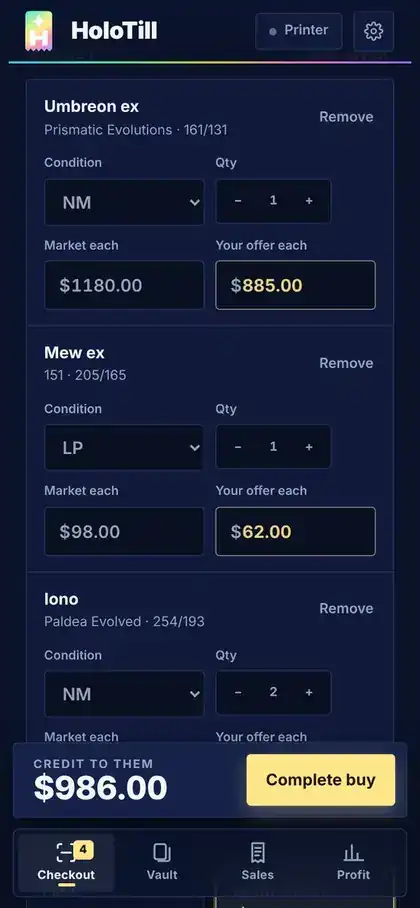 HoloTill buylist: Umbreon ex, Mew ex and Iono with conditions, market values and offers, $986.00 in trade credit
