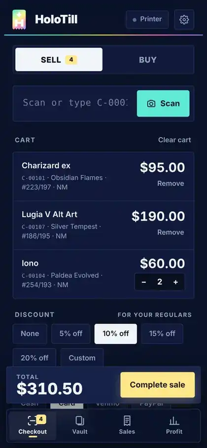 HoloTill checkout: three cards in the cart, 10% discount, total $310.50