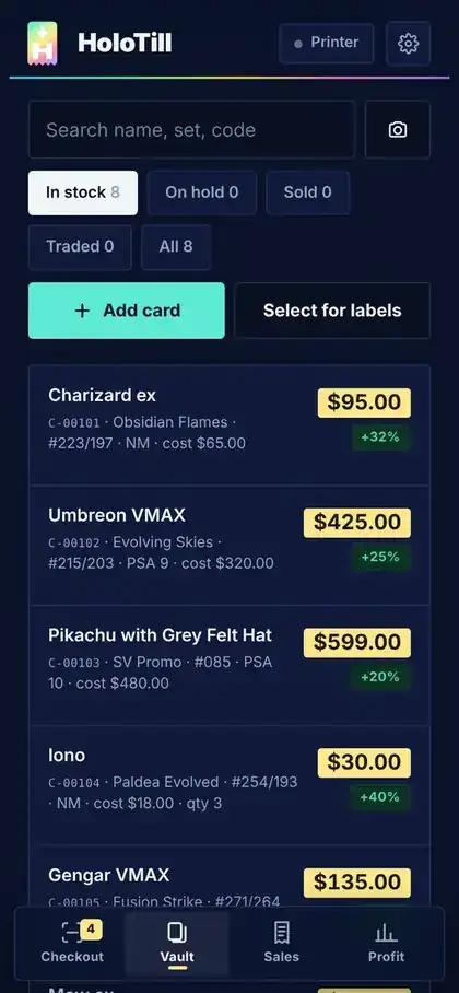 HoloTill vault: card list with lemon price tags and margins
